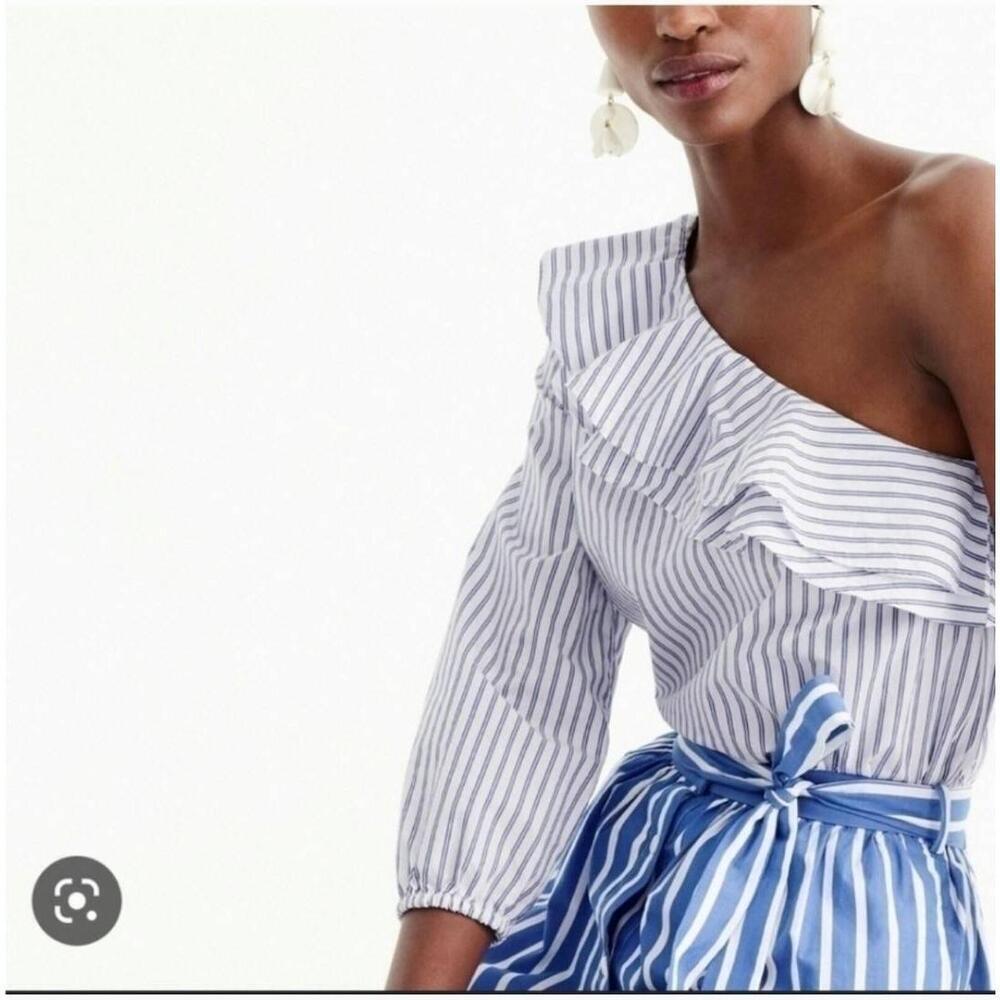 J.Crew Blue White Striped Ruffled One-Shoulder Top Size 12 - Picture 3 of 9